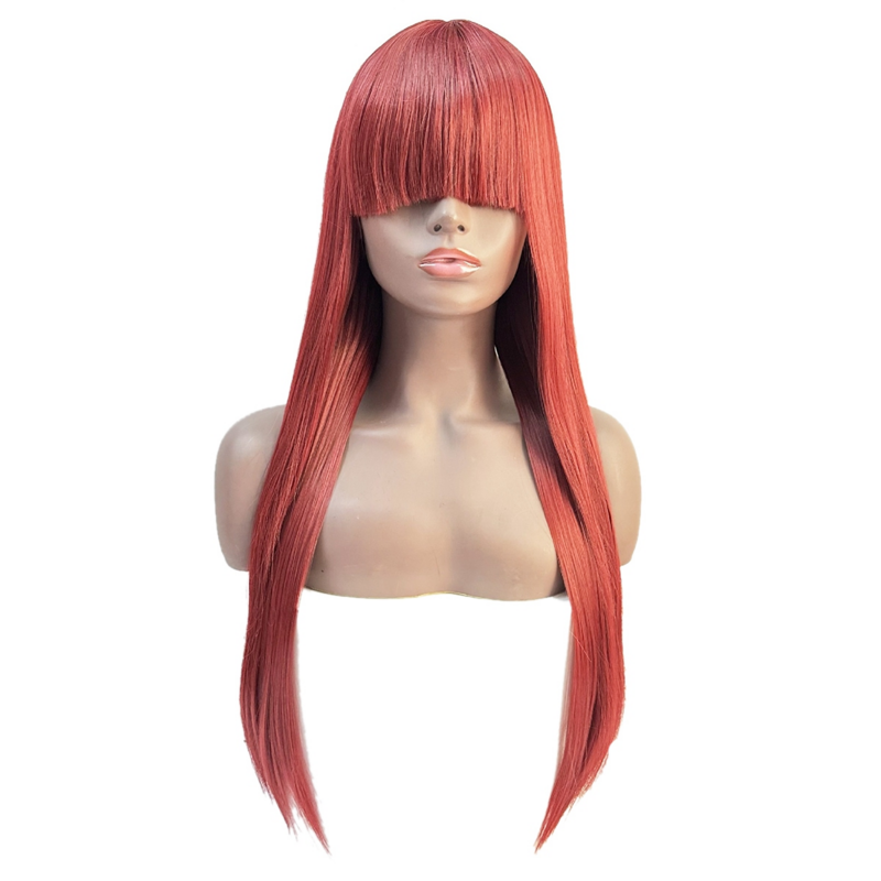 Burgundy Long Straight Hair 24 Inches Wig with Bangs for Women Hair Halloween Cosplay Wigs