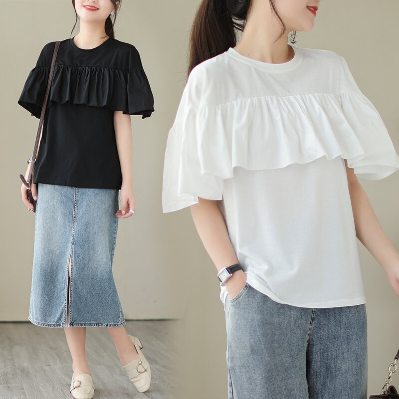 Japanische Art süße Rüschen Kurzarm Bluse Frauen o Hals lose Tops für Frauen Camisetas Damen bekleidung Patchwork-Shirts