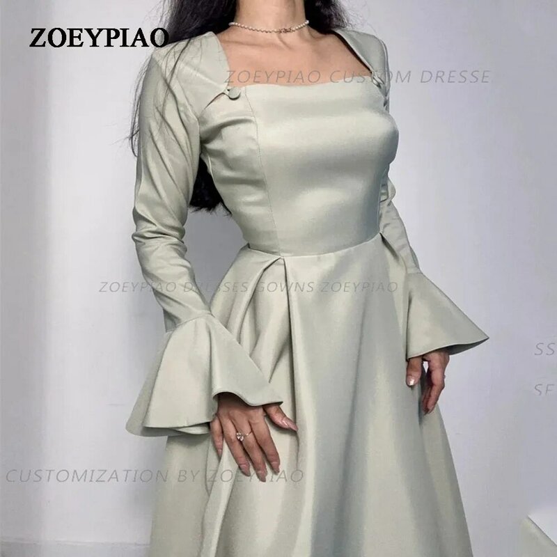 Jasnozielony satynowy suknie balowe bez ramiączek 2024 prosty guzik formalna linia sukienki na przyjęcie zwykła suknia wieczorowa z długimi rękawami