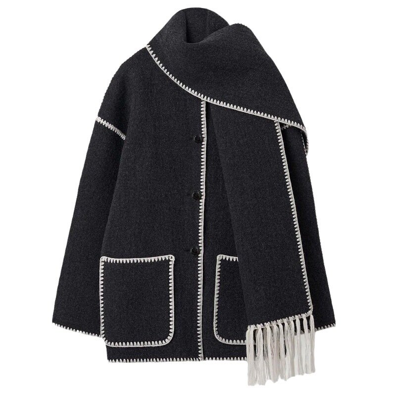 Casaco feminino de peito de lã com cachecol, casaco quente, manga comprida, top solto, moda feminina, fósforo, outono inverno