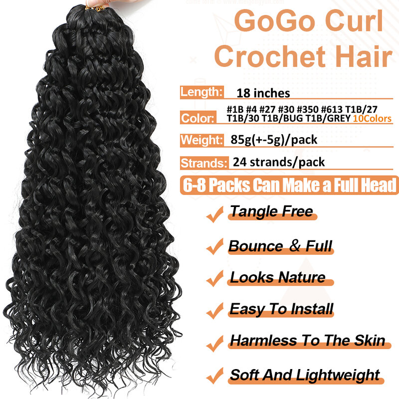 GoGo Curl Crochet Hair, Deep Twist Beach Curls, Synthétique, Bohemian Crochet Braids, Tressage, 18 ", 1-6 Packs