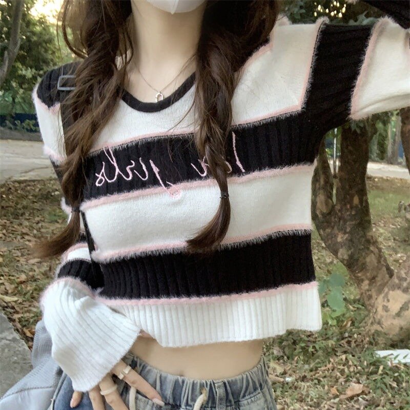 Swetry na zimę kobiety z krótkimi panelami w paski z dekoltem w szpic najnowsza obcisła seksowna jesienne topy w stylu Harajuku Y2k
