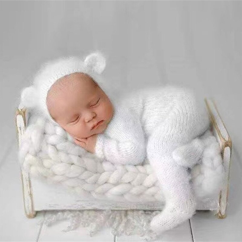 K5dd 2 pçs adereços fotografia para bebê menino meninas unisex macacão urso orelha chapéu footed macacão recém-nascido