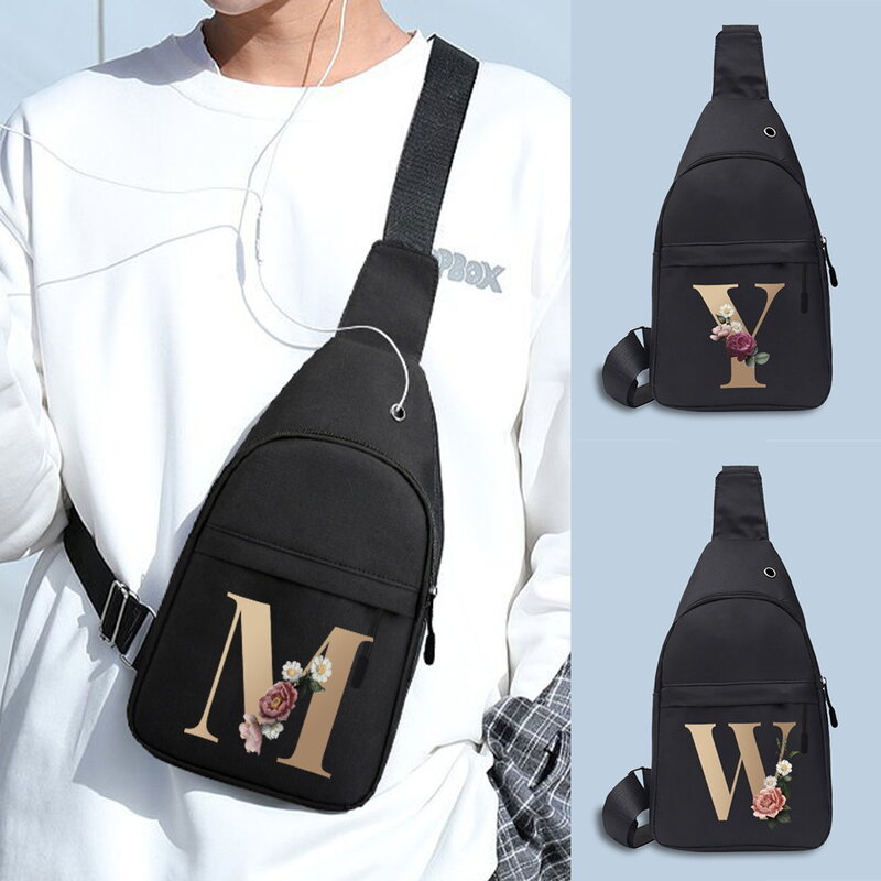 Нагрудные сумки для мужчин, мужские сумочки через плечо с USB-разъемом для наушников и кабеля, Женский мессенджер с золотым узором