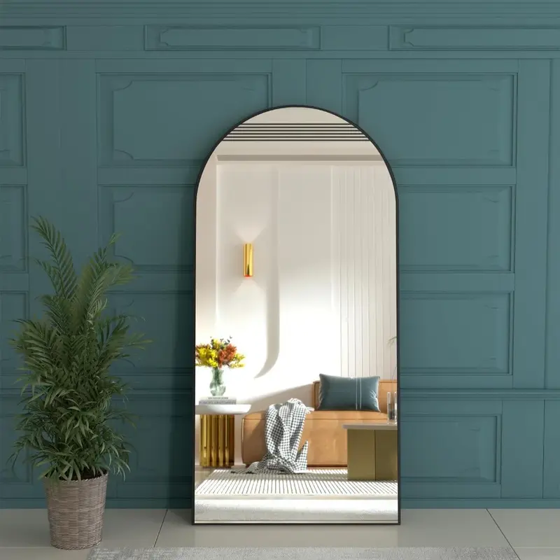 Bogen Ganzkörper spiegel, modernes Design Steh bodens piegel, Spiegel für Wohnzimmer, Bad, schwarz (Holzrahmen)