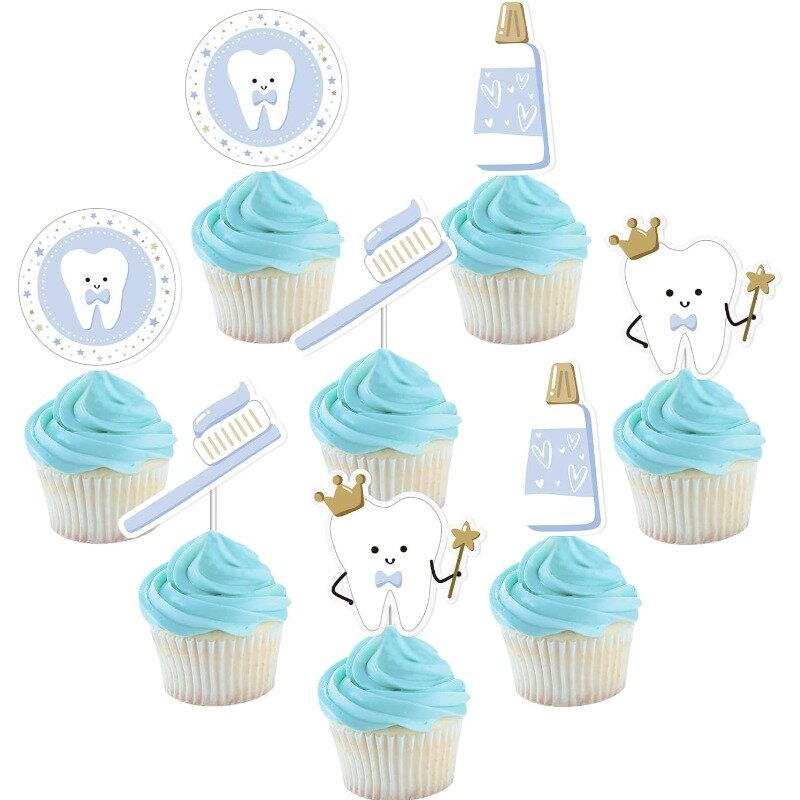 36Pcs Tooth Cupcake Toppers Blue First Tooth decorazioni per torte a tema dentale Baby Shower Cupcake Toppers decorazione dentista per ragazzi
