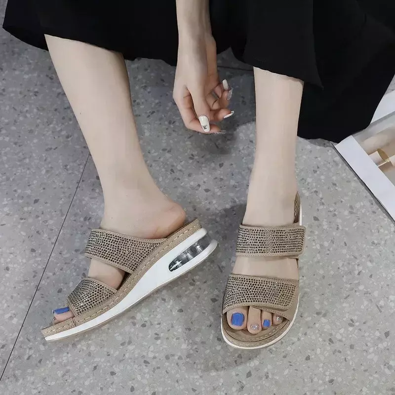 Slippers Women 2024 Summer New Fashion Rhinestone Shoes for Women Comfortable Solid Casual Open Toed Slippers Female Zapatos