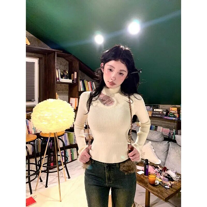 Miiiix Korean Fashion Design High Neck Shoulder Sweater 2024 Women's Autumn New Bottom Knitted Pullover Top Female Clothing