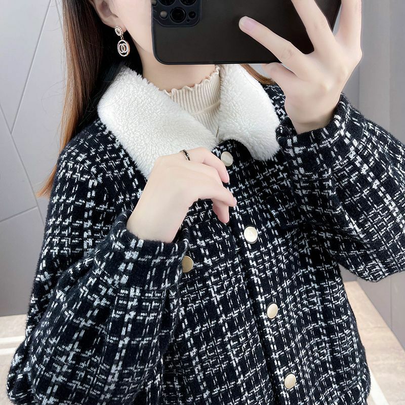 Inverno nova moda xadrez retalhos cordeiro casaco imitação de vison knittin cardigan feminino jaqueta