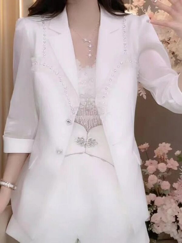 UNXX-Blazer à simple boutonnage pour femme, manteau blanc imbibé de perles, manches trois quarts, petits blazers minces, nouvelle mode, printemps et été 2024
