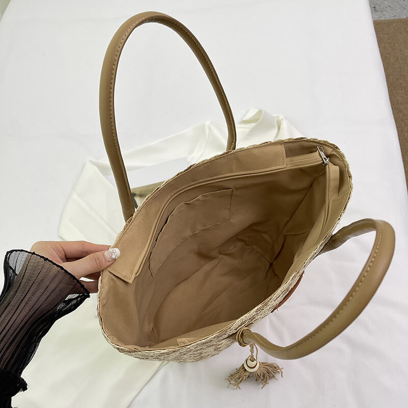 Повседневная плетеная Сумка из хлопкового шнура, летняя сумочка, дизайнерские женские сумки на плечо, Женская пляжная соломенная сумка для отпуска в богемном стиле с кисточками