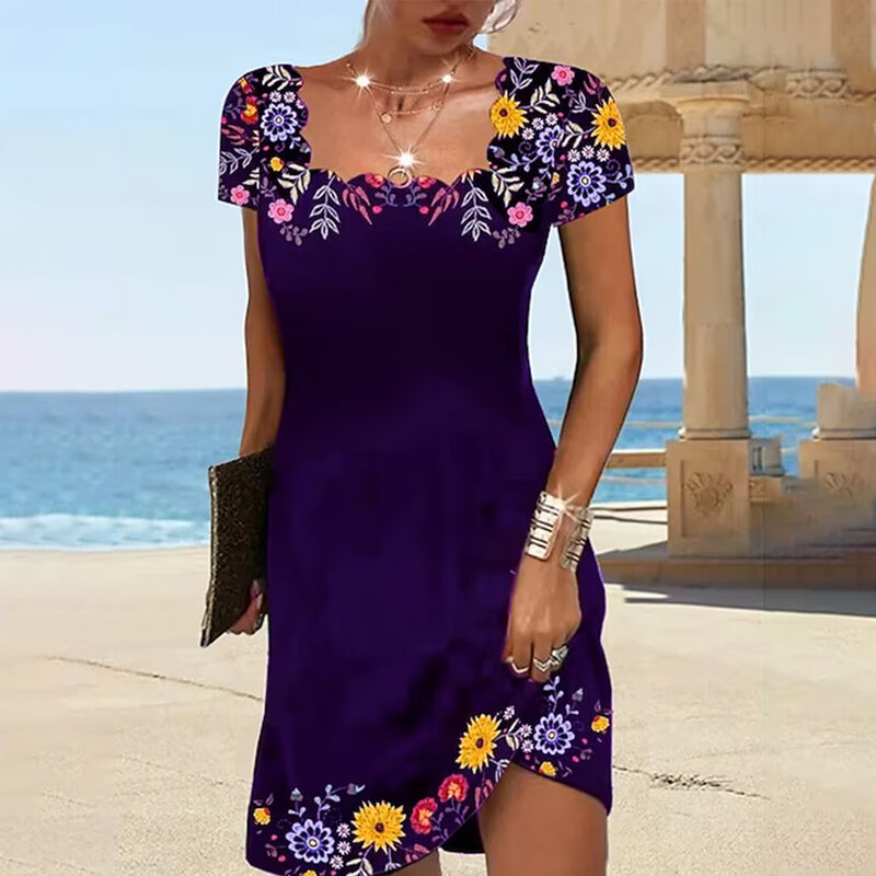 Robe de plage élégante à imprimé floral pour femmes, décontractée, manches courtes, robes trapèze, éducative, été
