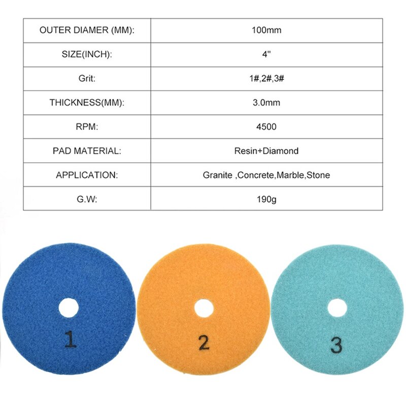 High Quality Polishing Pads Stone Wet/Dry 100mm 3pcs 4 Inch Resin Powder Marble Replacement Concrete