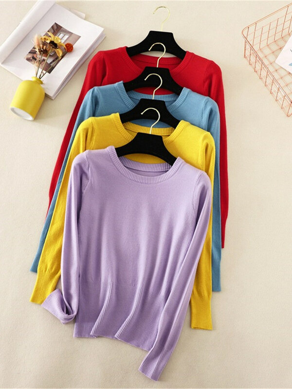 Suéter de manga larga para mujer, jersey básico de punto con cuello redondo, suave, Top, Otoño e Invierno
