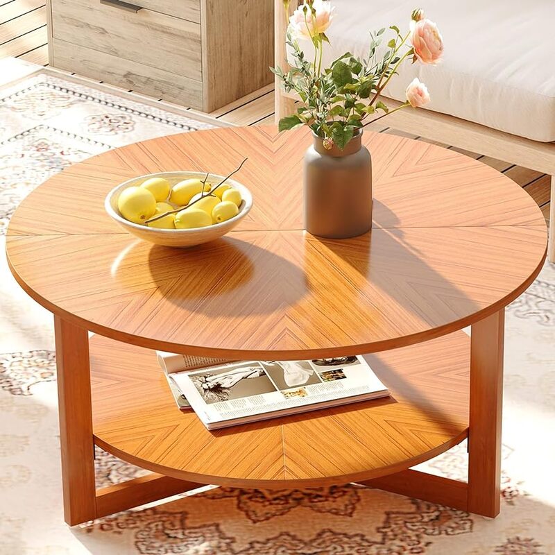 Yusong-Grande table basse ronde en bois massif de 31.7 pouces, table bohème circulaire à 2 niveaux avec rangement, pour salon et ferme