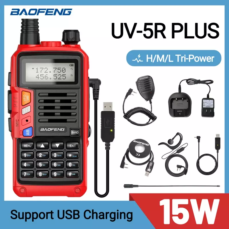 Baofeng UV-5R plus 15W Tri-power walkie talkie a lungo raggio ad alta potenza 16 km portatile UV 5R 17 pro S9 Plus ham radio bidirezionale