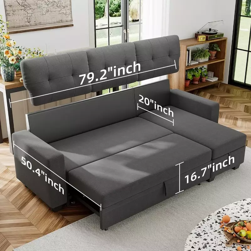 Sofa bed can be flipped and converted, sleeper pull-out sofa with storage chain, linen furniture for living room, dark gray