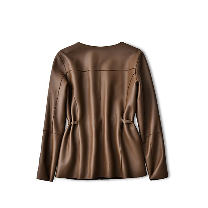 Genuine carneiro jaqueta de couro para as mulheres casaco curto com cordão cintura slim tops primavera outono