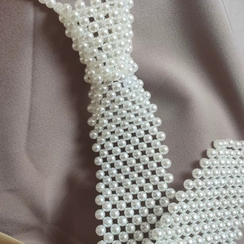 Y1UB Hollow Out White Bowtie for Women Girls Pearl Bead Pearl Bowtie Blouses Necktie