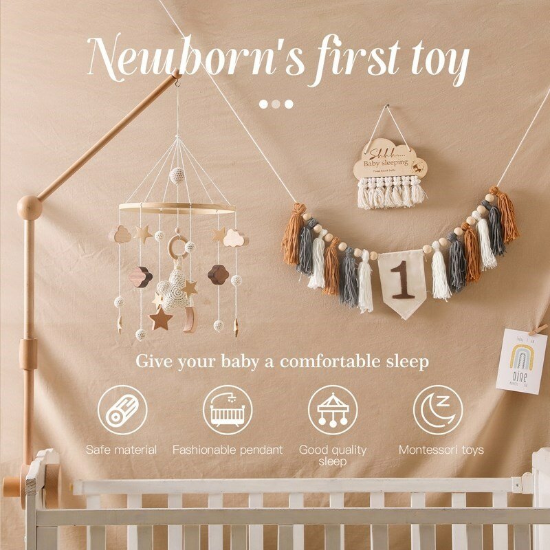 Mainan kerincingan bayi 0-12 bulan, mainan kayu di tempat tidur kotak musik tempat tidur bel gantung mainan braket tempat tidur bayi laki-laki