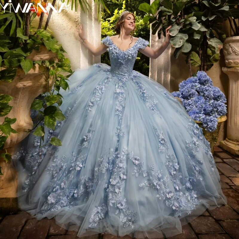 Céu azul do ombro Vestidos de baile Quinceanrra, lindos apliques, princesa flor 3D, longo doce gracioso, 16 vestidos