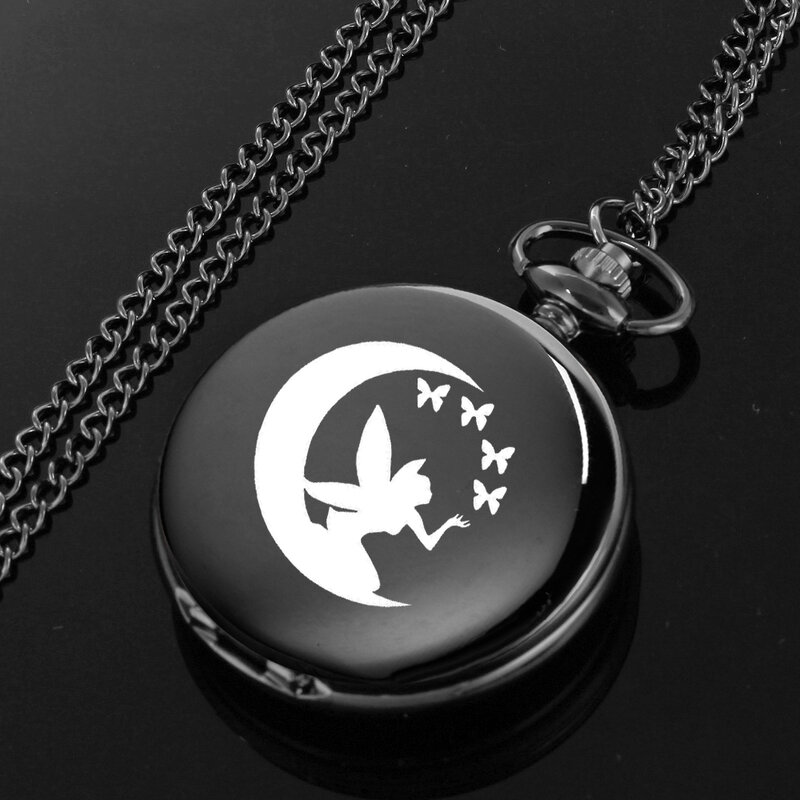 The Butterfly Maiden in the moon design, reloj de bolsillo con diseño tallado, alfabeto inglés, esfera, cadena de cuarzo negro, regalo perfecto