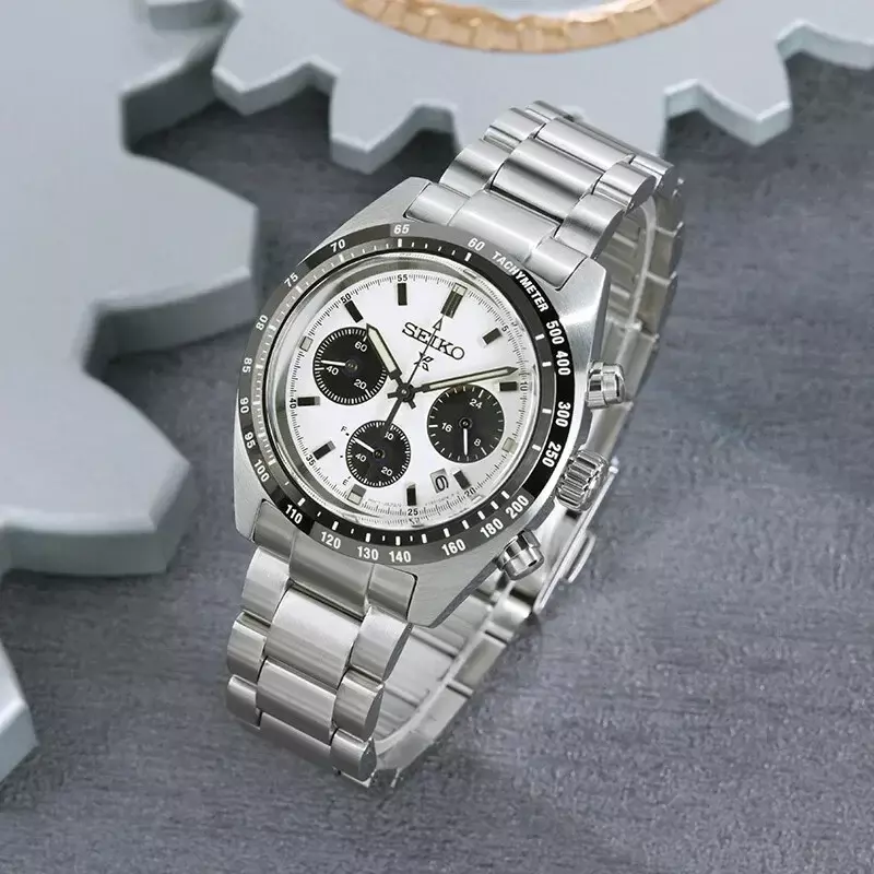 Men's Solar Backlit Relógio de luxo, Seiko Panda Quartz, Timing Calendar, impermeável, aço inoxidável, SSC813P1