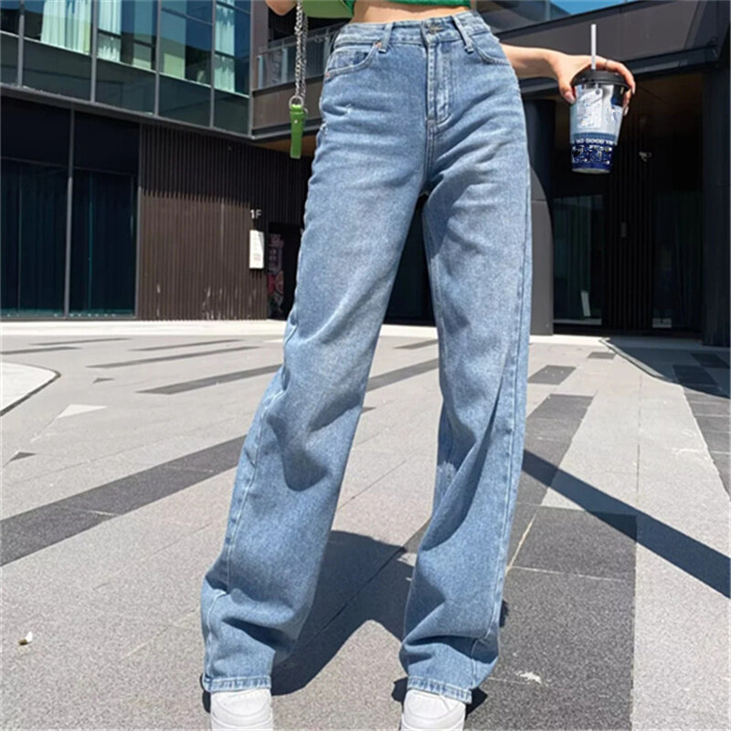 Jeans largos largos largos para mulheres, calças jeans soltas, jeans vintage, moda de rua