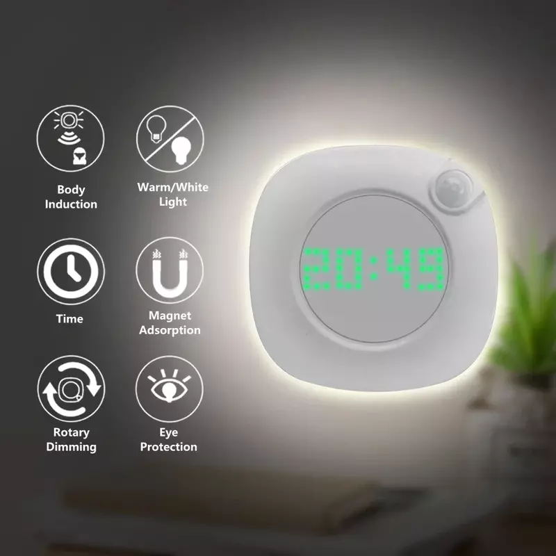 LED PIR Motion Sensor Night Light with Time Clock for Home Bedroom Stairs Wall Lamp Brightness Battery Power 2 Lighting Color