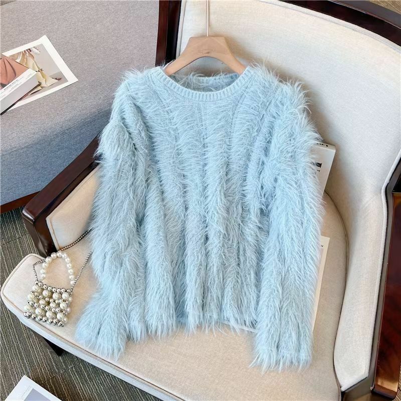 Jersey de lana para mujer, suéter grueso de estilo perezoso, top corto de visón de pelo largo informal, moda de invierno