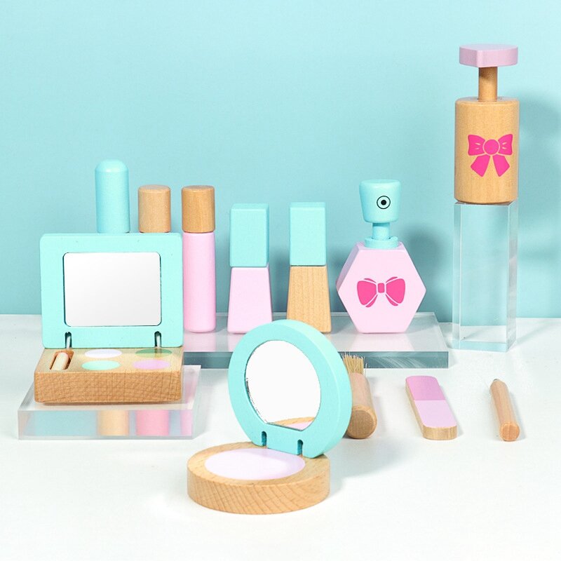 Ensemble de maquillage en bois pour filles, jouets cosmétiques, accessoires de beauté de simulation pour enfants, 12 pièces