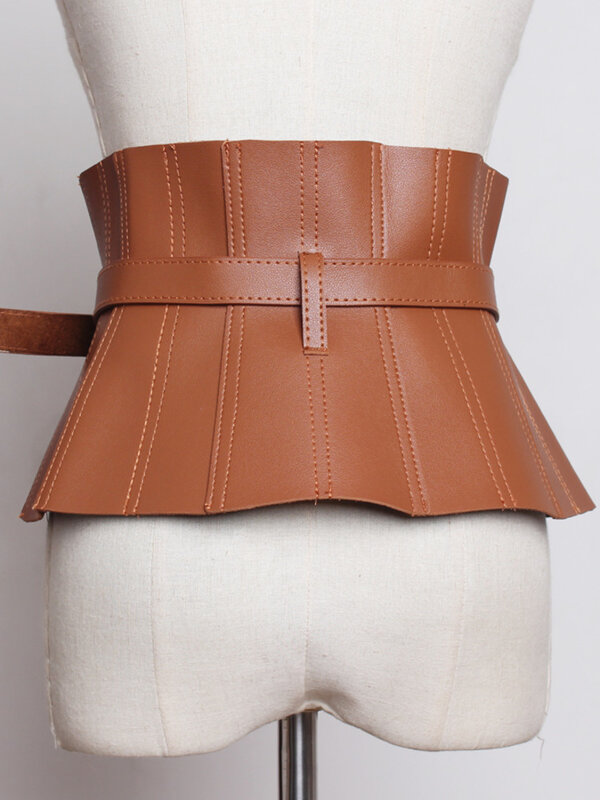 LANMREM Ruffles PU Leather Cummerbunds Women Solid Color Waist Girdle Adjustable Wide Belts Fasion 2024 Spring Summer 2N540
