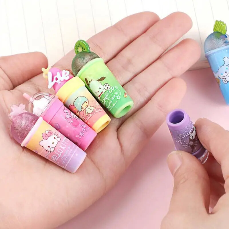 7 pezzi Set Sanrio Hello Kitty gomme Melody Pen Cap gomma Kawaii Summer Drink gomme forniture di cancelleria per studenti regali per bambini