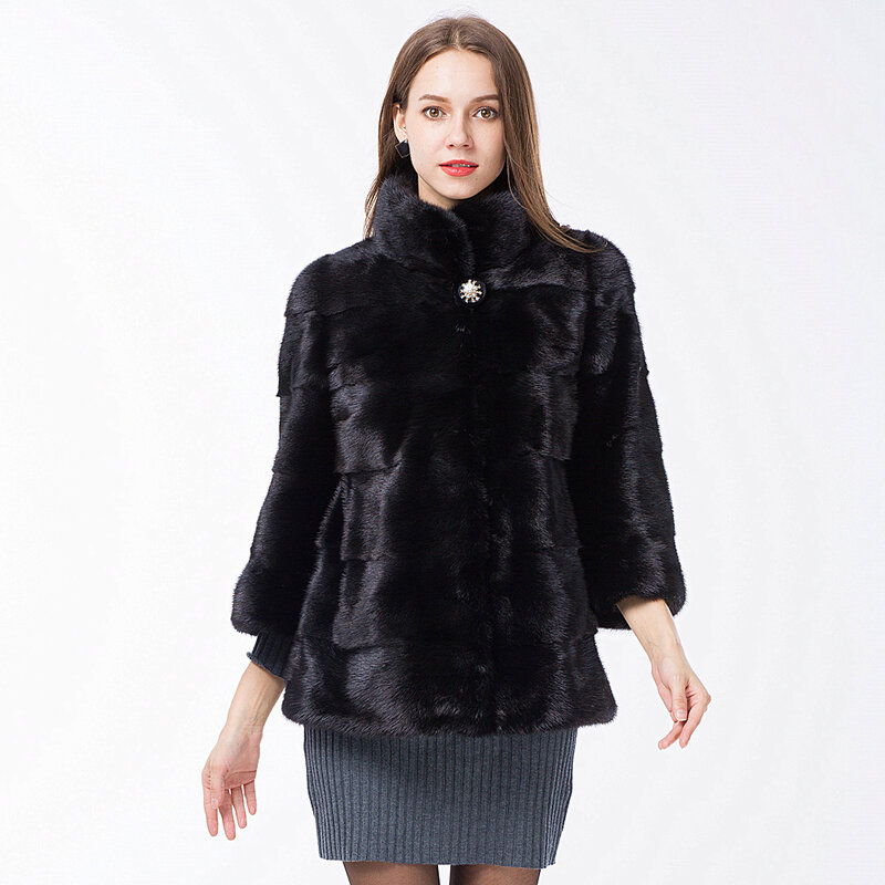 2018 Russische Nieuwe Natuurlijke Real Hele Mink Fur Coat 3/4 Mouwen Vrouwen Nertsen Bontjassen Stand Kraag Jassen Uitloper Real bont Kleding