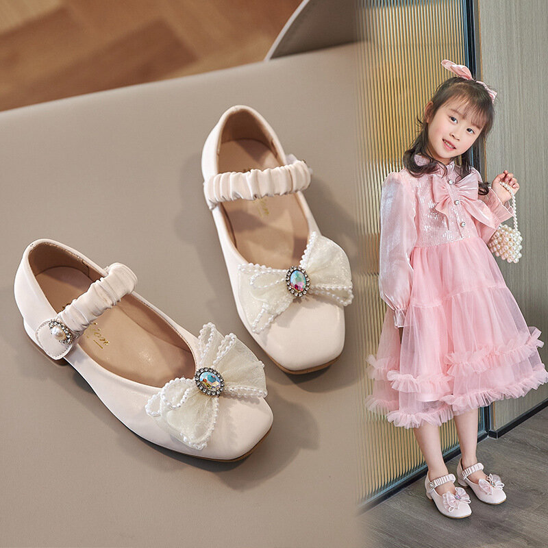 Zapatos de tacón alto antideslizantes para niños pequeños, zapatos de fiesta de baile de princesa, zapatos de lazo de cristal de estilo occidental, nueva moda de primavera