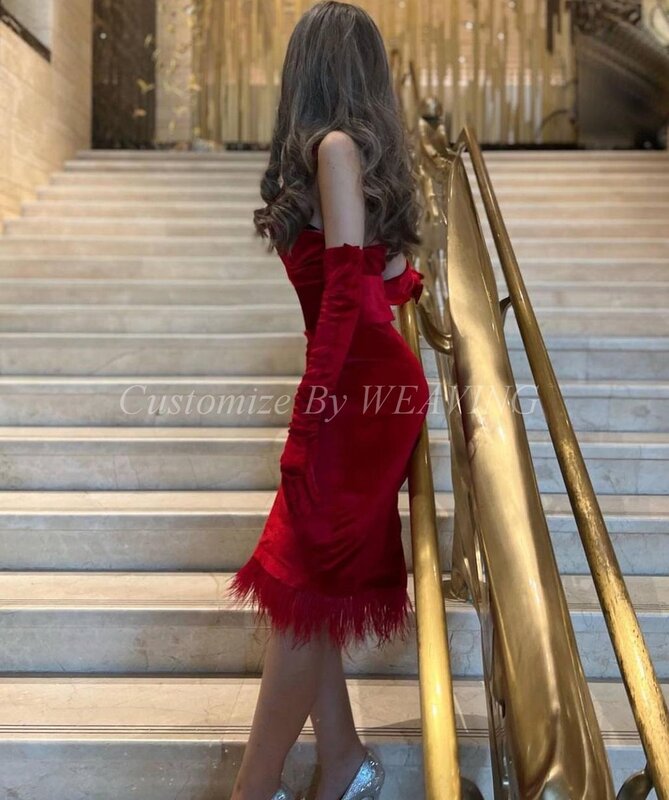 Темно-красное бархатное короткое платье для выпускного вечера, платье-футляр с лямкой на шее до колена, женское вечернее платье в стиле Саудовской Аравии