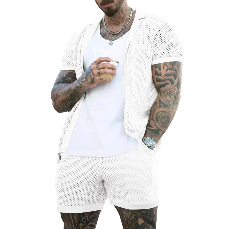 Cardigan e shorts de manga curta masculino, verão, conjunto de 2 peças, 2024