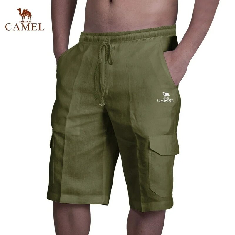 Shorts de linho de algodão puro camelo masculino, shorts bordados, casual, confortável, respirável moda praia, moda verão, high-end