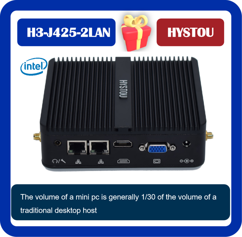 HYSTOU 산업용 팬리스 미니 PC 셀러론 J4125 프로세서, DDR4 8GB RAM 128G SSD, 4K 윈도우 10 VGA HTPC 와이파이