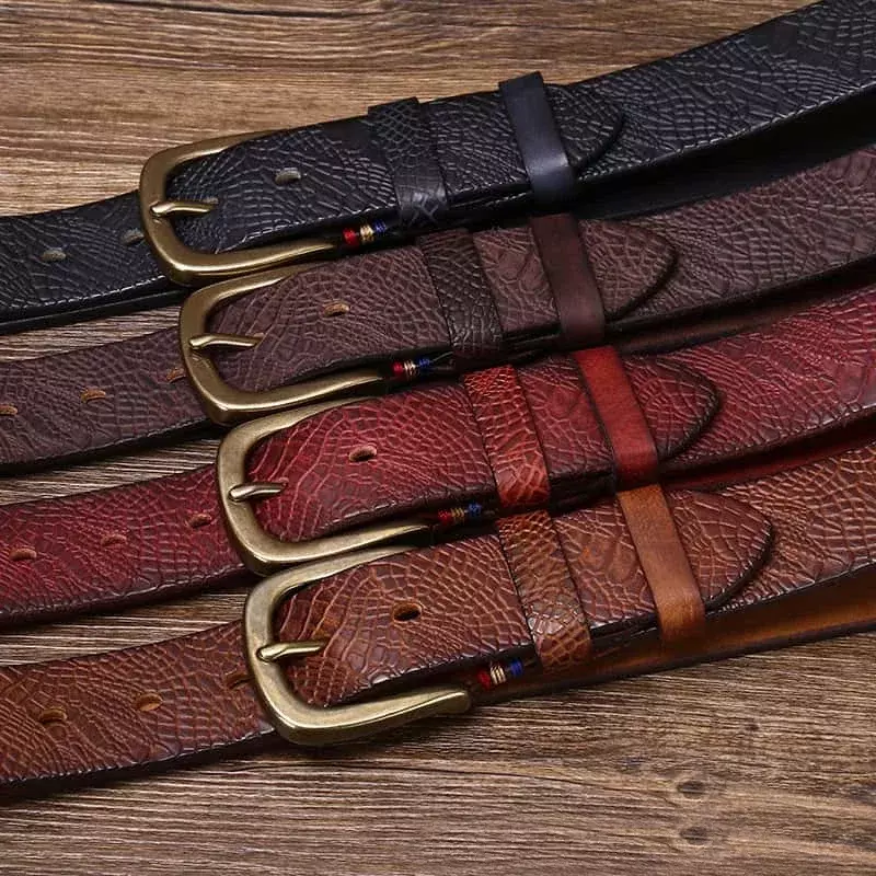 2024 New Thickened Pure Cowhide Copper Buckle Men's Belt Genuine Leather Needle Buckle Trendy Vintage Jeans Belt