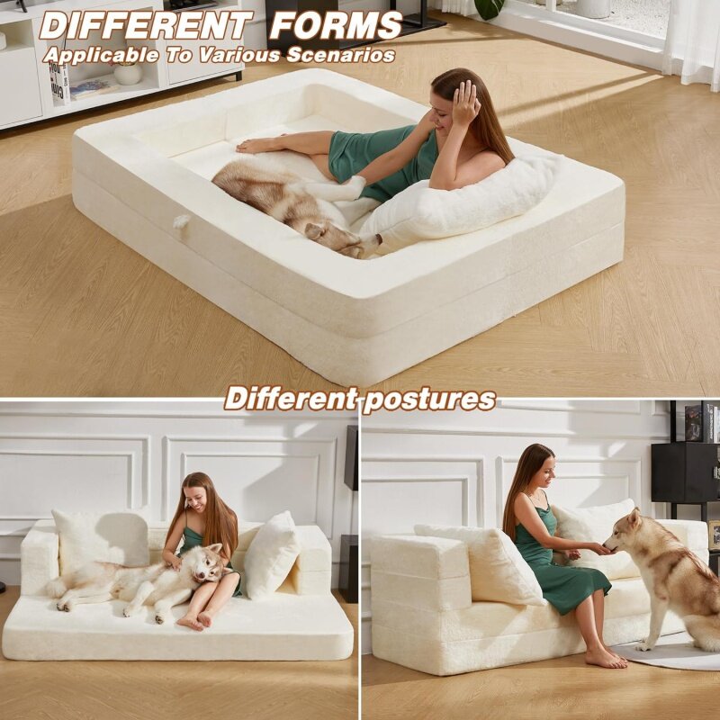 Silla plegable 3 en 1 para adultos, sofá de suelo de piel sintética, PUF grande Convertible, cama para perro con