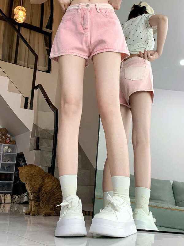 Calções jeans de perna larga americana, meninas lavadas na cintura alta, calça punk rosa fina, verão, design doce, Y2K