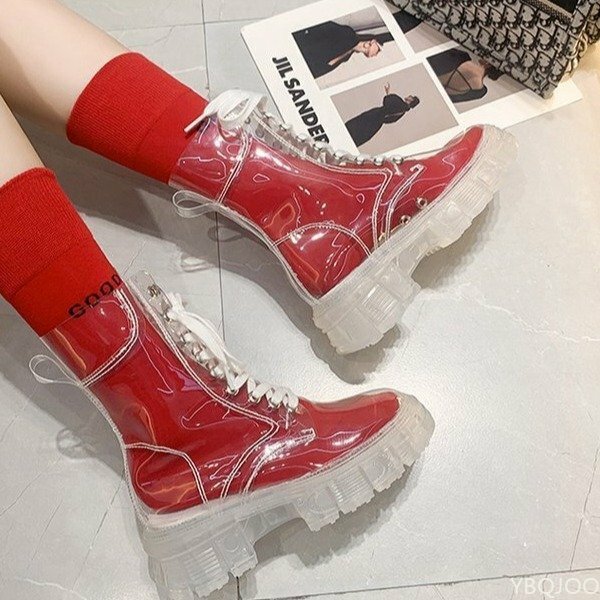 2022แฟชั่นผู้หญิงโปร่งใสแพลตฟอร์มรองเท้ากันน้ำข้อเท้ารองเท้าผู้หญิงล้างส้น Sepatu BOOT Pendek เซ็กซี่หญิงรองเท้าฝน