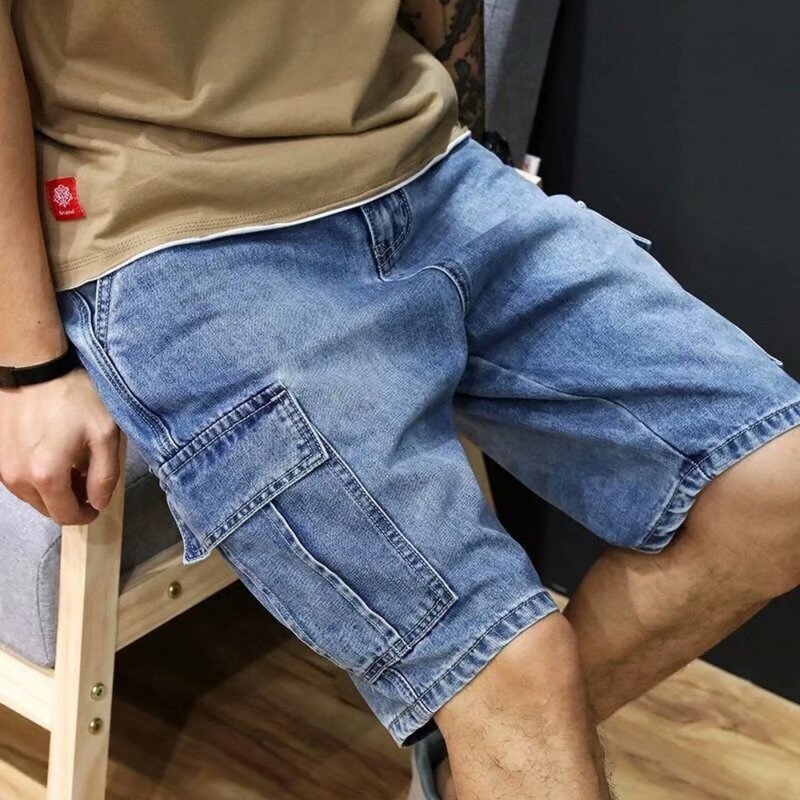 Fashion Casual Retro Blue Cargo Port Style Loose Big Pocket Denim Shorts Men Summer Thin Fashion Washed Five Point Casual Pants