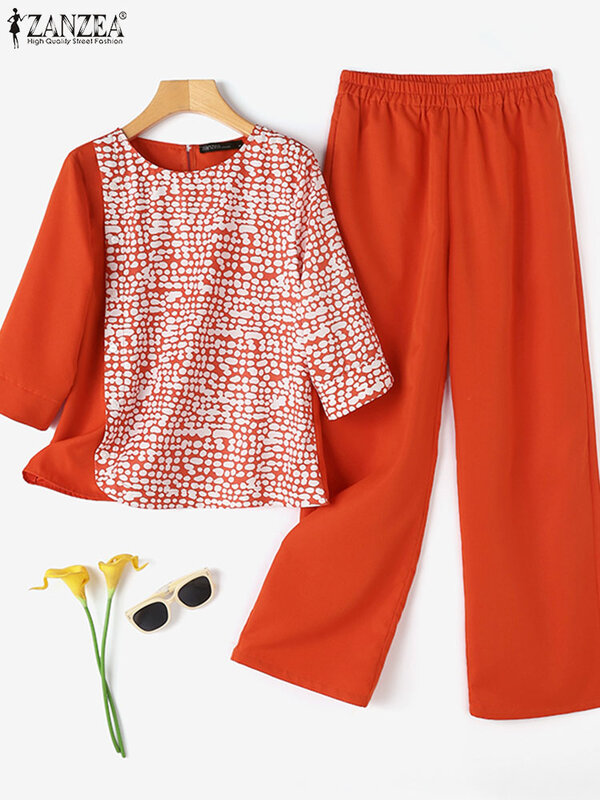 ZANZEA-Conjunto de 2 piezas para mujer, chándal informal de verano, pantalones de trabajo, conjuntos a juego, blusa con estampado Floral, 2024