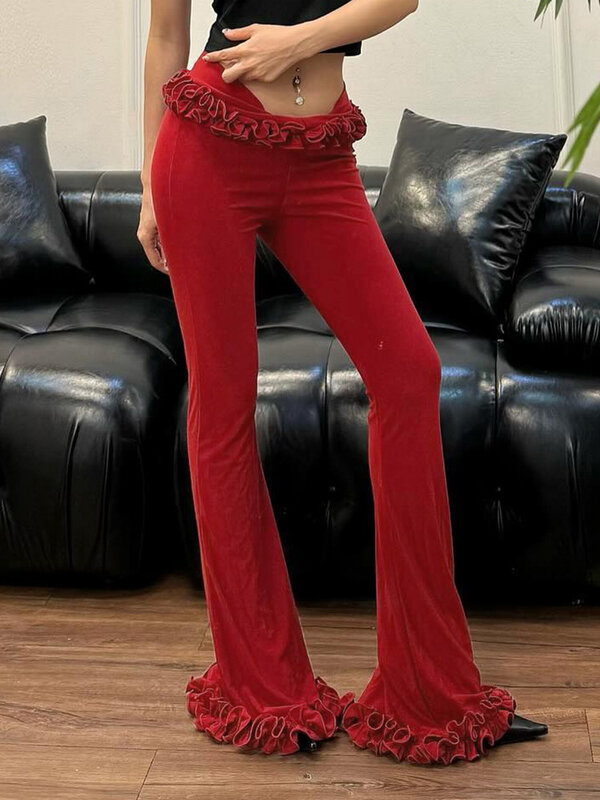 Lygens-Pantalon long évasé taille basse pour femme, batterie solide avec champignon d'arbre comestible, vêtements décontractés coréens, streetwear d'été Y2K, 2024