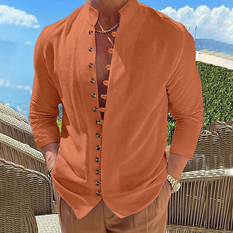 Рубашка мужская с воротником-стойкой, хлопково-Льняная сорочка на пуговицах, с длинным рукавом, однотонная Повседневная сорочка, на все сезоны, весна-осень