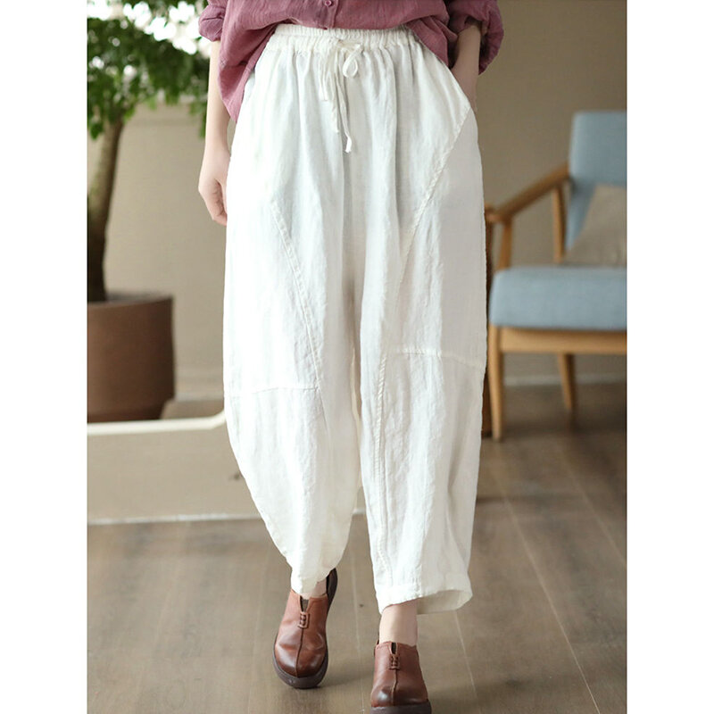 2023 Spring Summer Solid Color Haren Trousers Women Elastic Waist Drawstring Pockets Ankle Length Pants Vintage Female Clothing