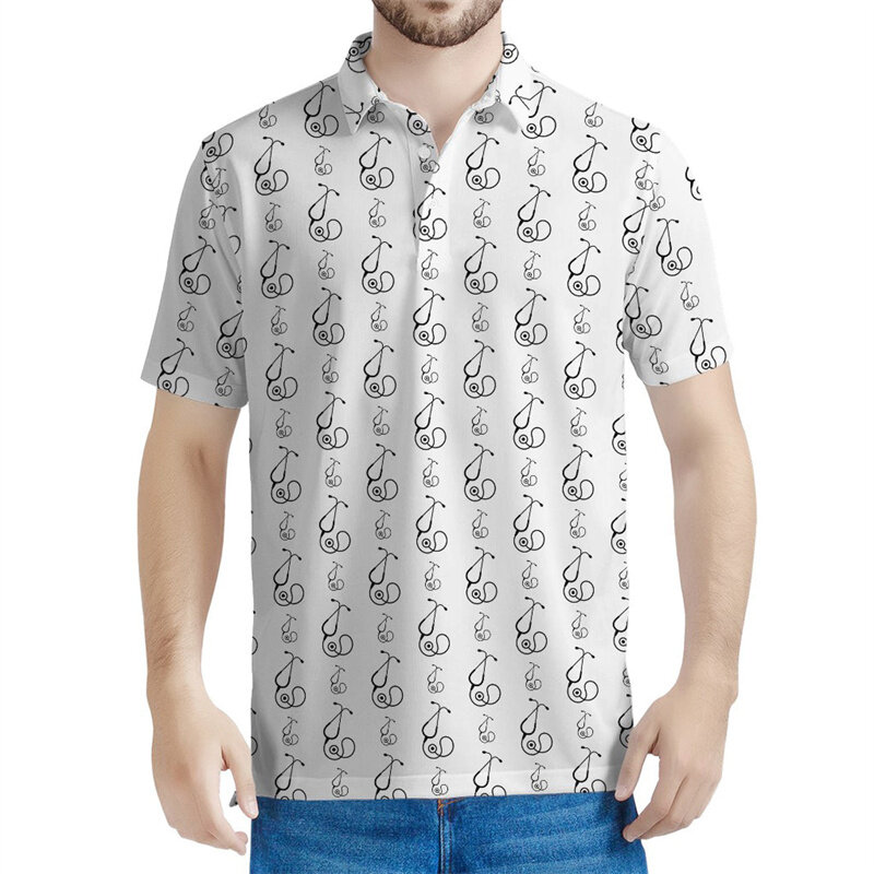 Stetoskop kreskówkowy z nadrukiem 3D Koszulka POLO Letnie luźne koszulki polo z guzikami dla mężczyzn Odzież uliczna Topy wakacyjne z krótkim rękawem