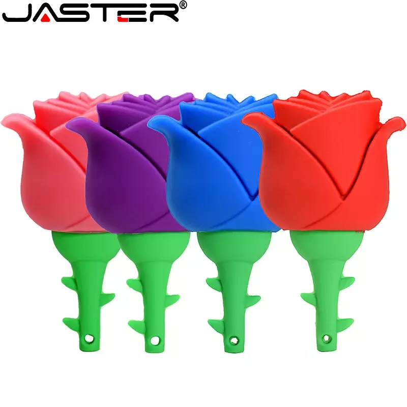 JASTER ดอกไม้สีแดง USB แฟลชไดรฟ์128GB สีชมพู Memory Stick 64GB ของขวัญสร้างสรรค์สำหรับเด็กปากกาไดรฟ์32GB พวงกุญแจ Pendrive